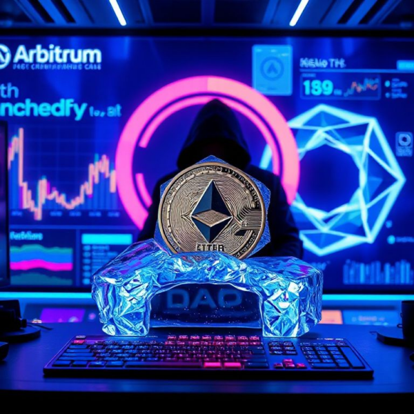 Arbitrum dashboard showing frozen ETH coins and a shattered Kelp DAO logo in a high‑tech control room