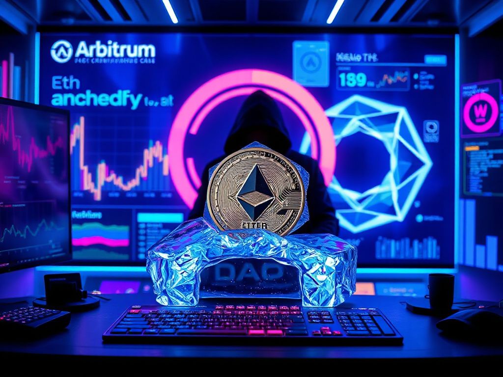 Arbitrum dashboard showing frozen ETH coins and a shattered Kelp DAO logo in a high‑tech control room