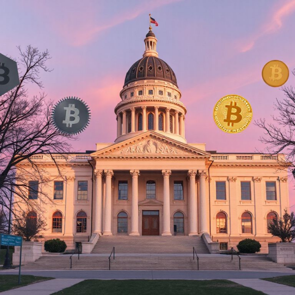Arkansas State Capitol with cryptocurrency symbols representing mining reform discussion