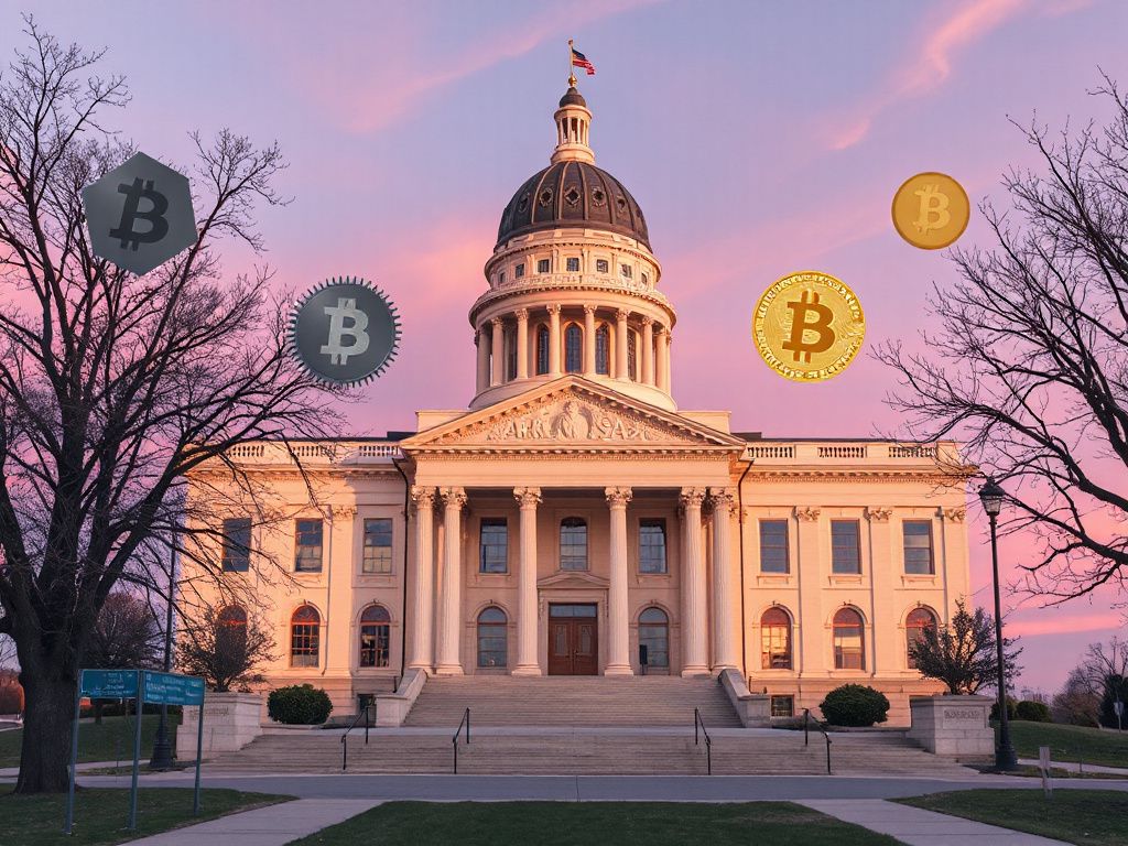 Arkansas State Capitol with cryptocurrency symbols representing mining reform discussion