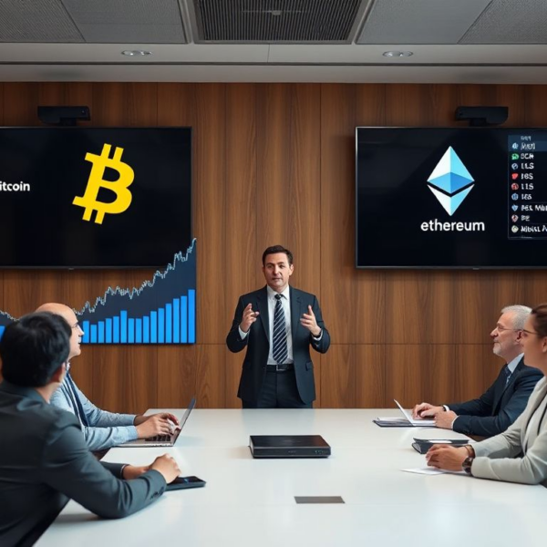Corporate boardroom with Bitcoin and Ethereum graphics and financial charts