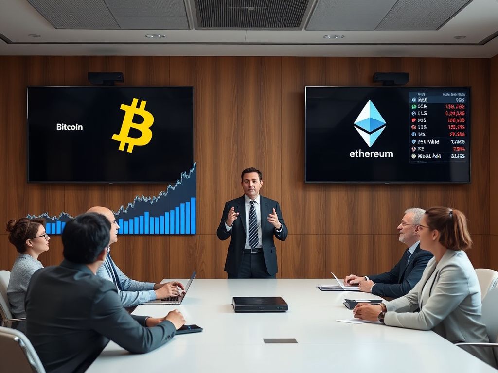 Corporate boardroom with Bitcoin and Ethereum graphics and financial charts