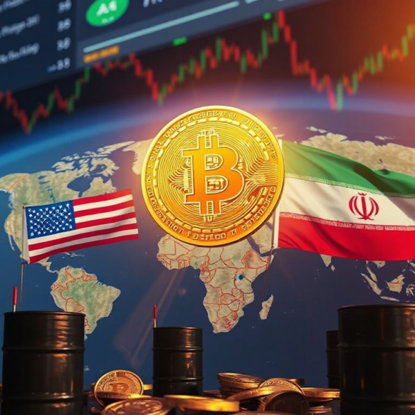 Bitcoin coin rising above a world map with US and Iran flags, symbolizing price surge after ceasefire