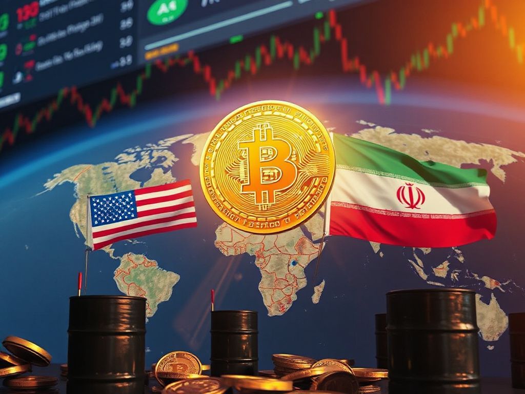 Bitcoin coin rising above a world map with US and Iran flags, symbolizing price surge after ceasefire