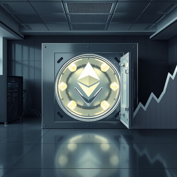 Corporate office featuring a digital vault of Ethereum symbols and a retired mining rig, visualizing Bitmine's shift to an ETH treasury