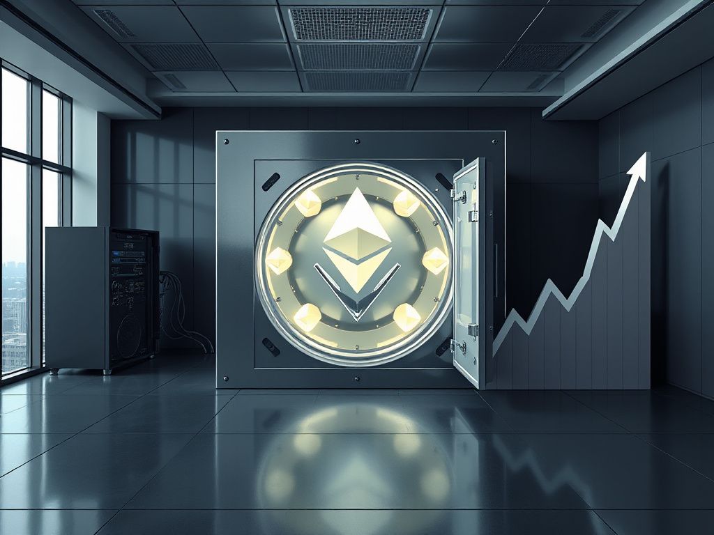 Corporate office featuring a digital vault of Ethereum symbols and a retired mining rig, visualizing Bitmine's shift to an ETH treasury