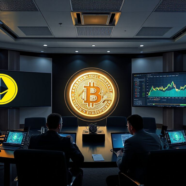 Corporate boardroom with executives analyzing Bitcoin and Ethereum charts and a digital vault of crypto assets