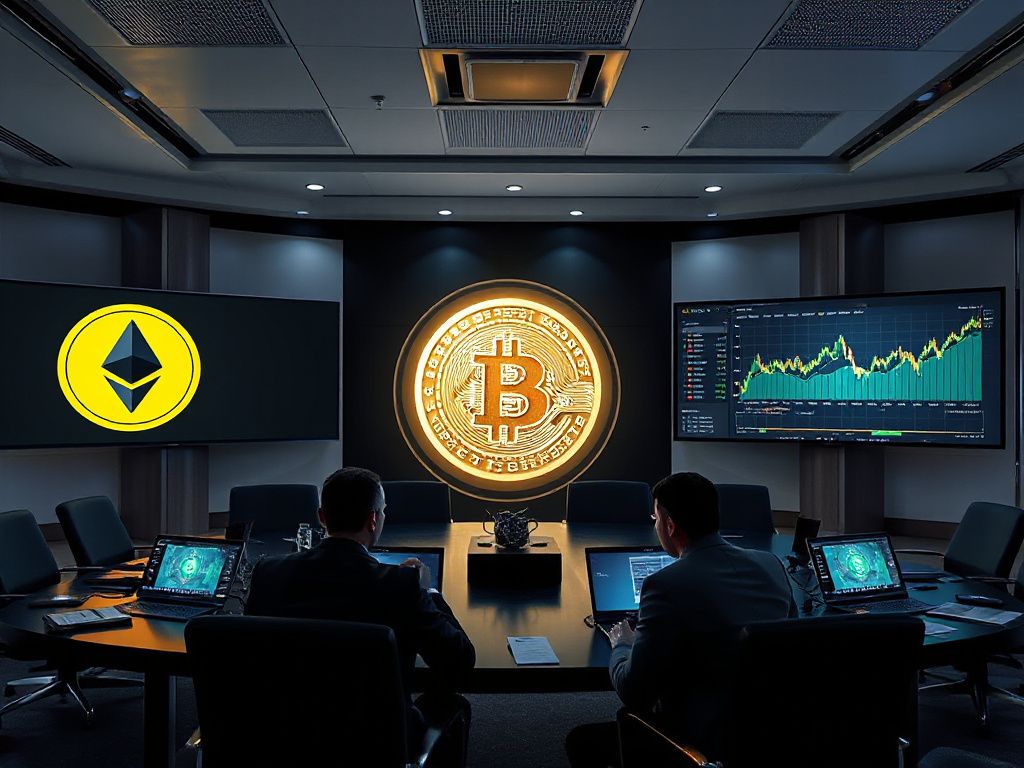 Corporate boardroom with executives analyzing Bitcoin and Ethereum charts and a digital vault of crypto assets