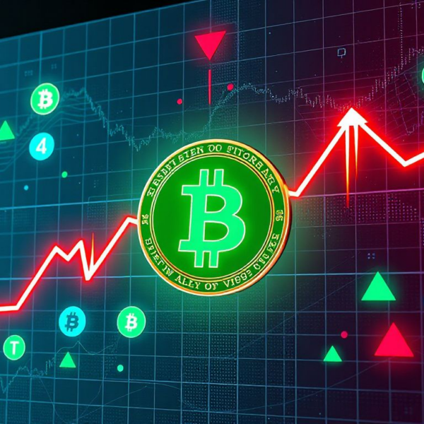 Digital board visualizing Bitcoin and other cryptocurrencies with rising green arrows and falling red arrows to represent market volatility