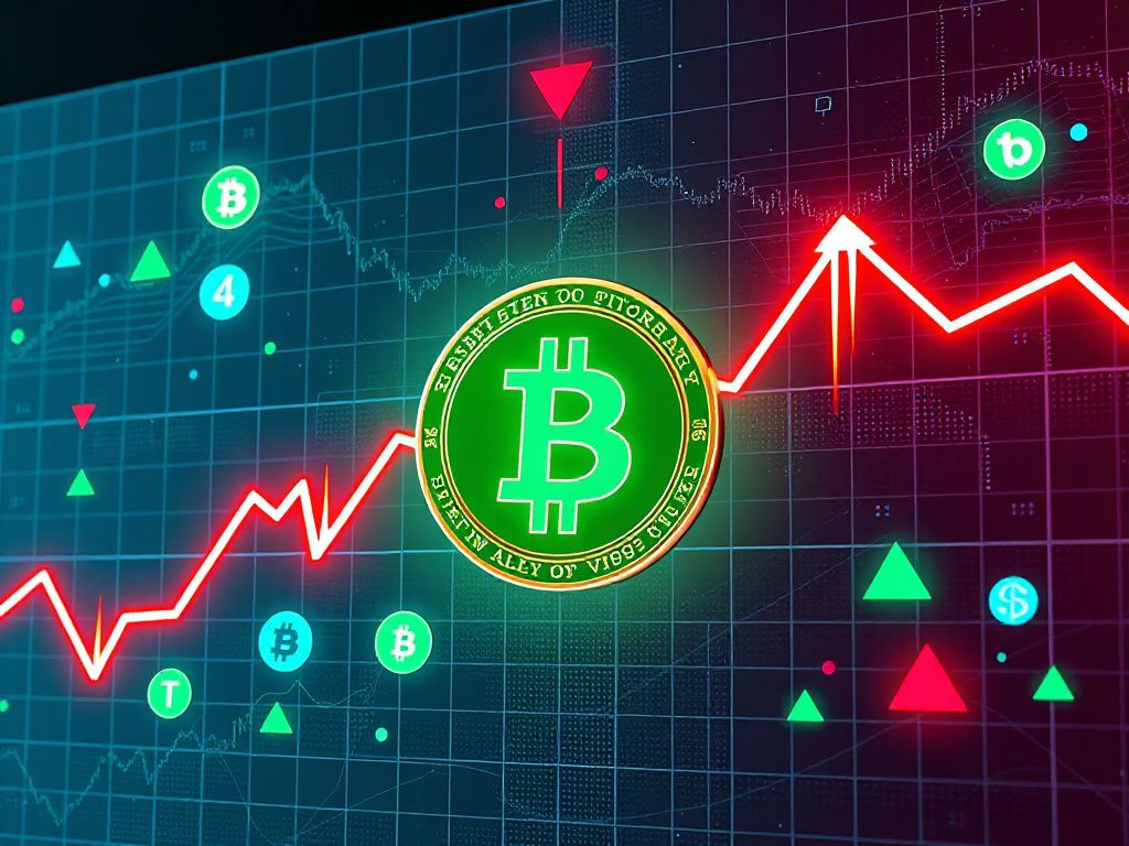 Digital board visualizing Bitcoin and other cryptocurrencies with rising green arrows and falling red arrows to represent market volatility