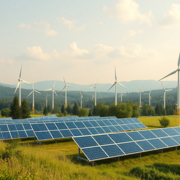 Solarenergieanlagen und Windräder in einer idyllischen Landschaft