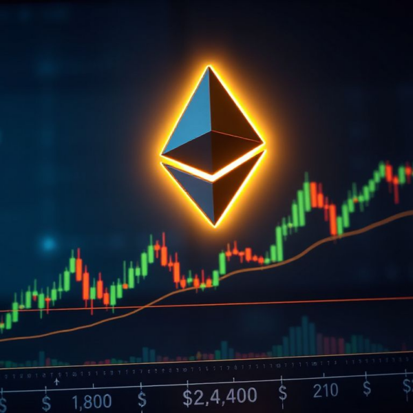 Ethereum logo over a candlestick chart showing the $1.8K‑$2.4K price range