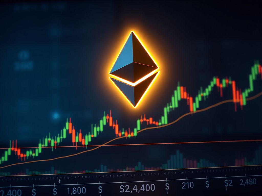 Ethereum logo over a candlestick chart showing the $1.8K‑$2.4K price range