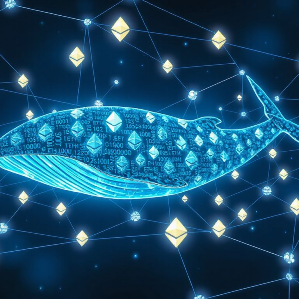 Digital whale made of Ethereum symbols swimming in a blockchain background, symbolizing a dormant whale wallet reactivating with 10,000 ETH