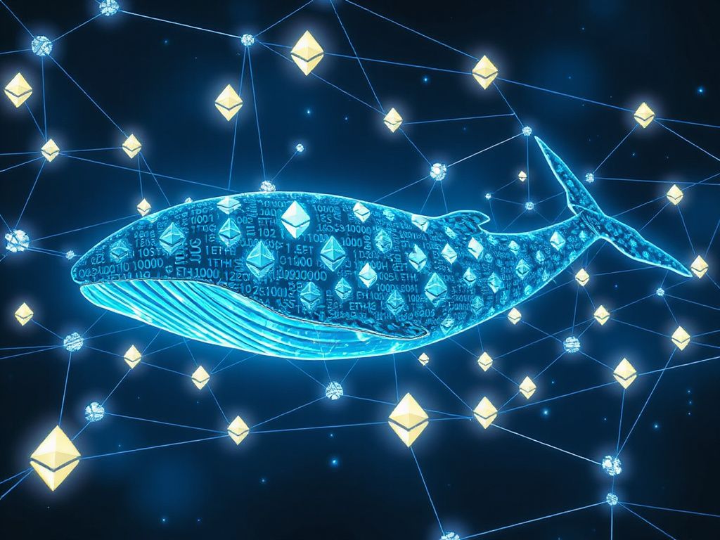 Digital whale made of Ethereum symbols swimming in a blockchain background, symbolizing a dormant whale wallet reactivating with 10,000 ETH