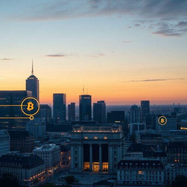 European city skyline with blockchain and crypto symbols illustrating the 2026 MiCA regulatory environment