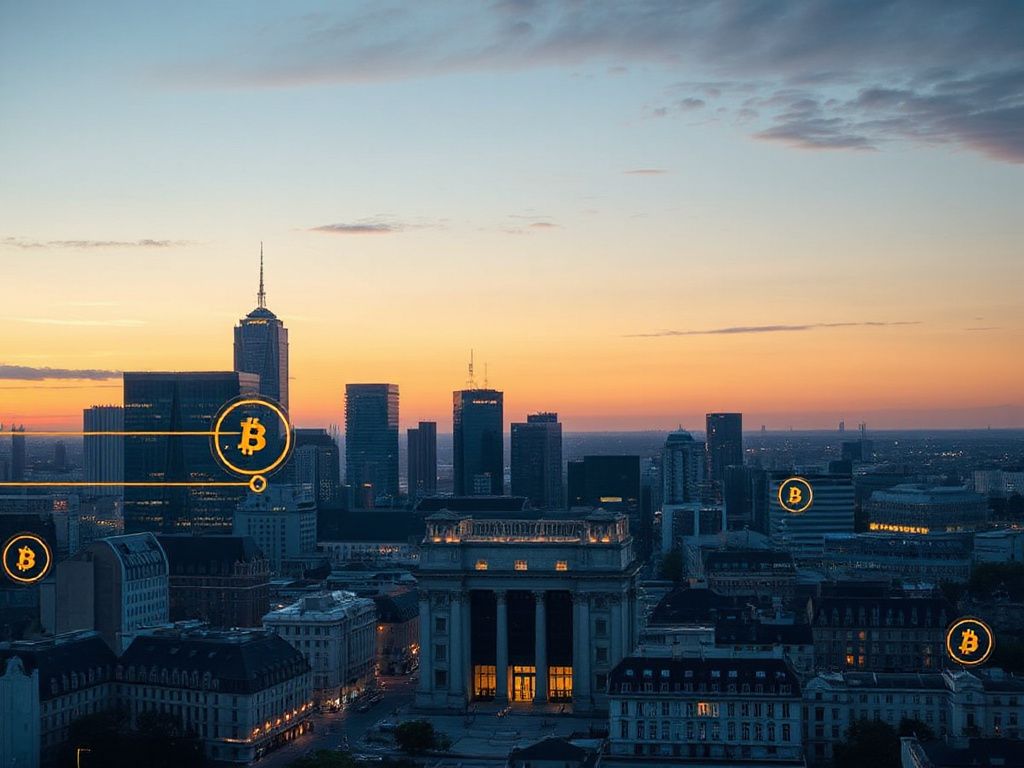 European city skyline with blockchain and crypto symbols illustrating the 2026 MiCA regulatory environment