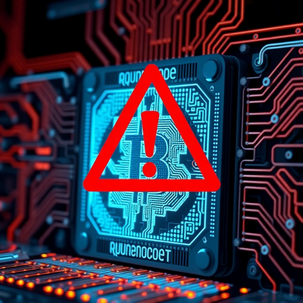 A quantum computer with a red 'warning' symbol overlaid on it, representing the potential threat to Bitcoin's security.
