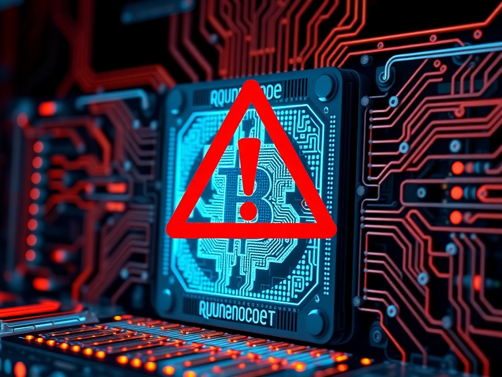A quantum computer with a red 'warning' symbol overlaid on it, representing the potential threat to Bitcoin's security.