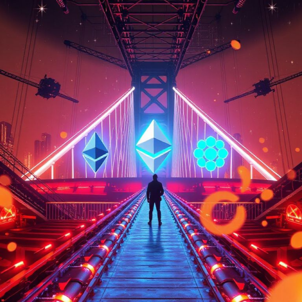 Illustration of a compromised blockchain bridge with Ethereum and Polkadot symbols and hacker activity