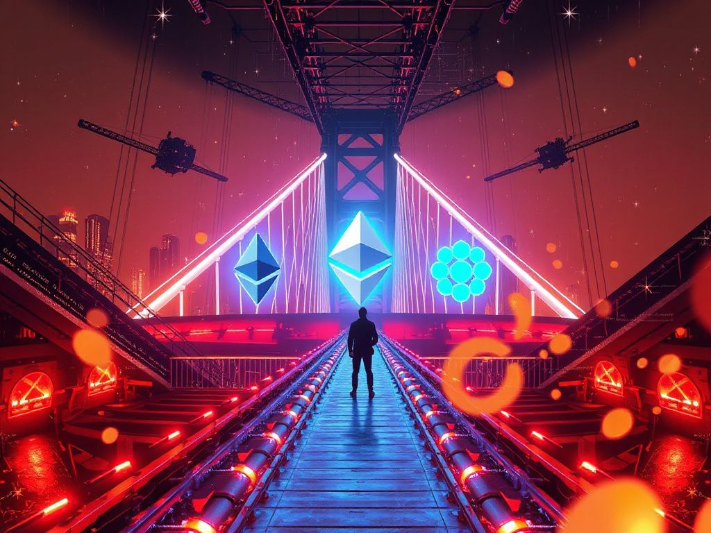 Illustration of a compromised blockchain bridge with Ethereum and Polkadot symbols and hacker activity