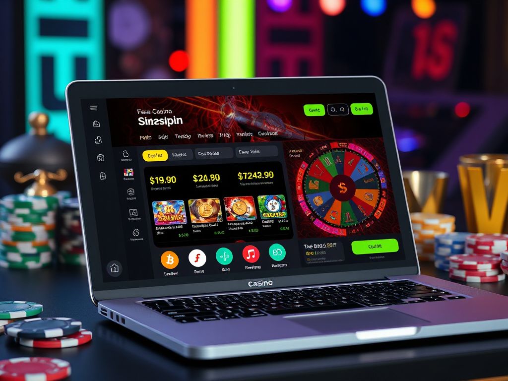 Online casino dashboard displaying instant payouts, digital wallets, and free bonus offers