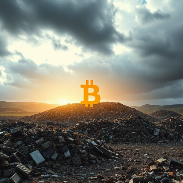 Photorealistic view of Newport landfill with a glowing Bitcoin symbol emerging from the waste