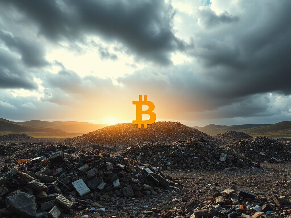 Photorealistic view of Newport landfill with a glowing Bitcoin symbol emerging from the waste