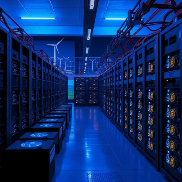 Data center interior showing Bitcoin mining equipment transformed into AI GPU servers, with renewable energy sources in the background