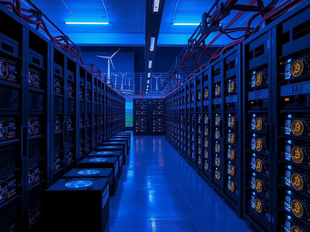 Data center interior showing Bitcoin mining equipment transformed into AI GPU servers, with renewable energy sources in the background