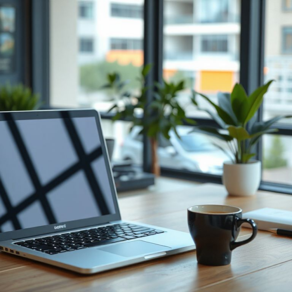 Photorealistic image of a modern office workspace