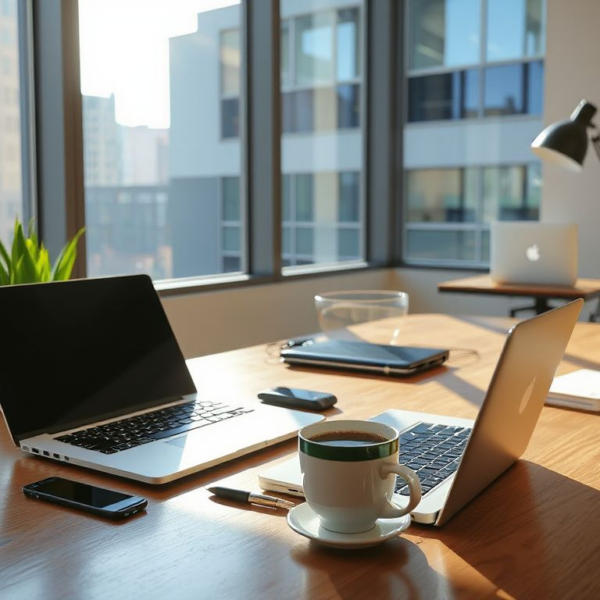 Photorealistic view of a modern office workspace with laptop and coffee