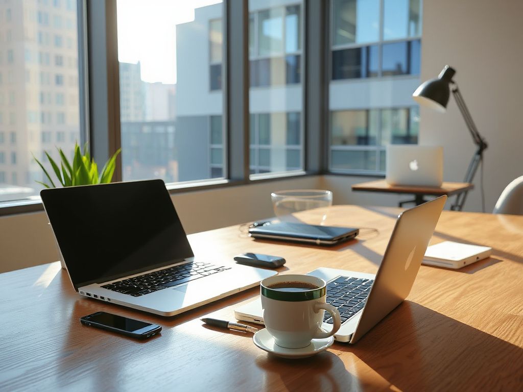 Photorealistic view of a modern office workspace with laptop and coffee