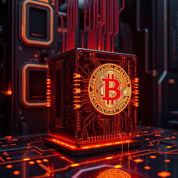 Futuristic quantum computer targeting a Bitcoin logo, illustrating quantum cryptography risk