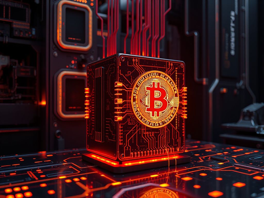 Futuristic quantum computer targeting a Bitcoin logo, illustrating quantum cryptography risk