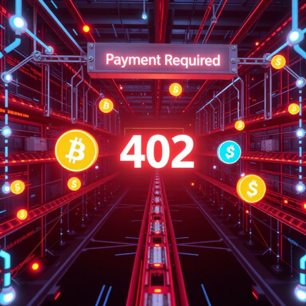 Futuristic network visualizing USDT and USDC stablecoins moving through an HTTP 402 payment gateway, symbolizing rapid blockchain transactions