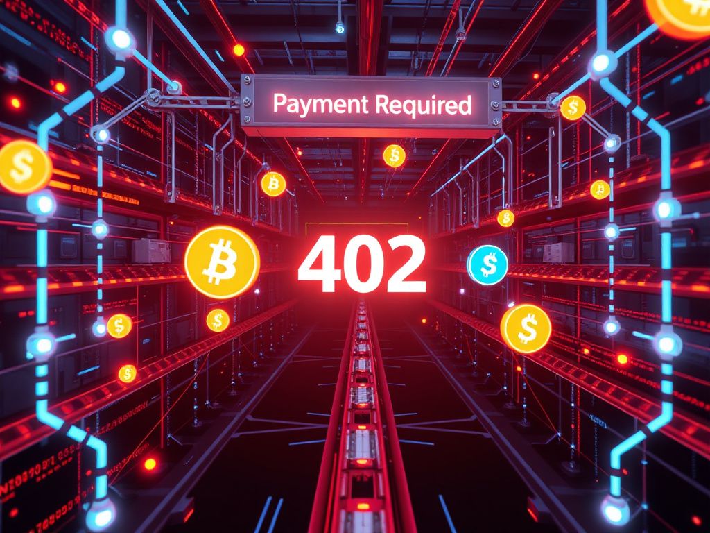 Futuristic network visualizing USDT and USDC stablecoins moving through an HTTP 402 payment gateway, symbolizing rapid blockchain transactions