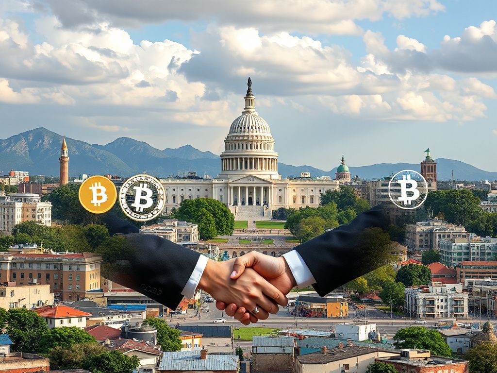 Illustration of African and US regulatory landscapes with stablecoin icons and fintech collaboration