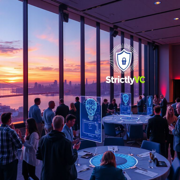 Photorealistic scene of a venture capital conference in San Francisco with AI security elements