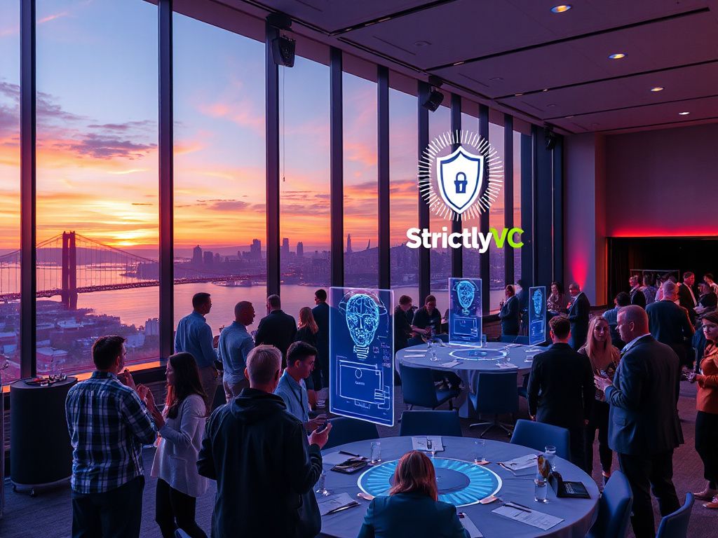 Photorealistic scene of a venture capital conference in San Francisco with AI security elements