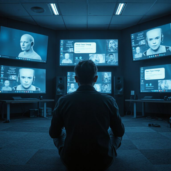 Person interacting with AI companions on multiple screens