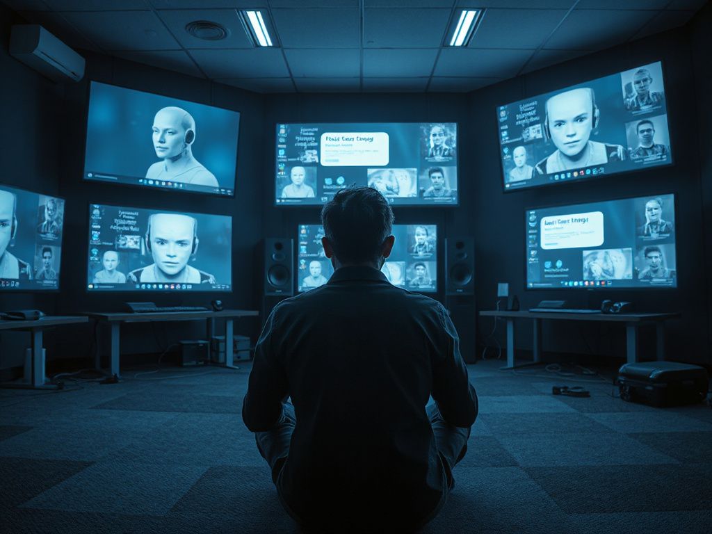 Person interacting with AI companions on multiple screens