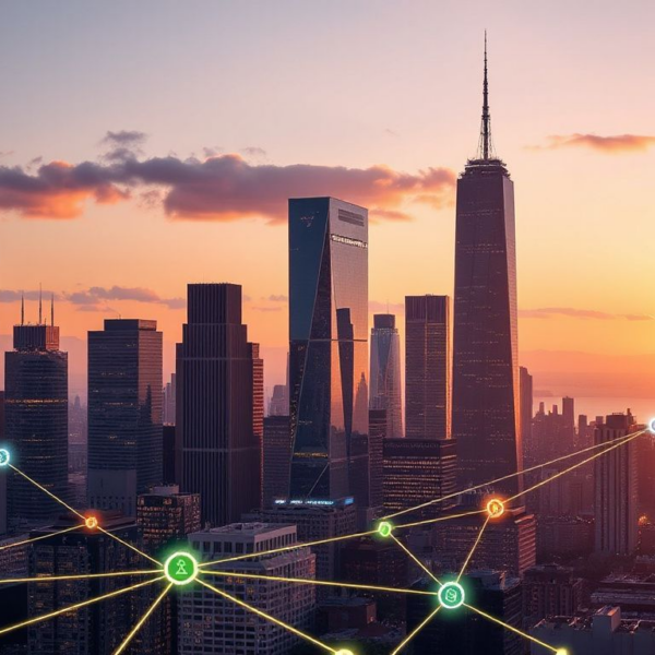 Futuristic cityscape showing blockchain networks, institutional investors, and Layer‑2 scaling solutions in 2026