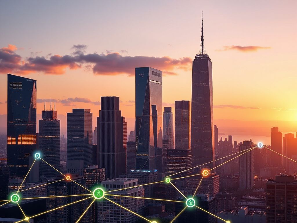 Futuristic cityscape showing blockchain networks, institutional investors, and Layer‑2 scaling solutions in 2026