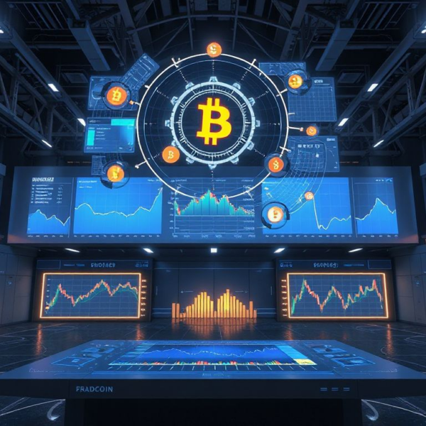 Futuristic trading desk with AI holograms and stablecoin icons representing AI-driven crypto trading and prediction markets