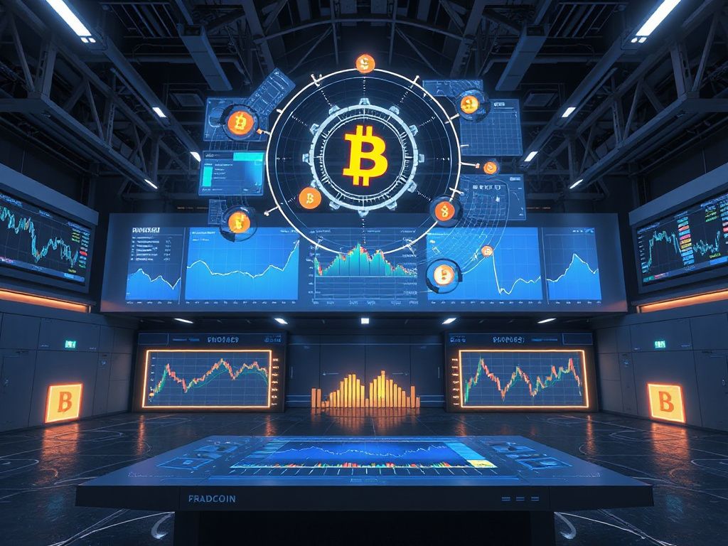 Futuristic trading desk with AI holograms and stablecoin icons representing AI-driven crypto trading and prediction markets