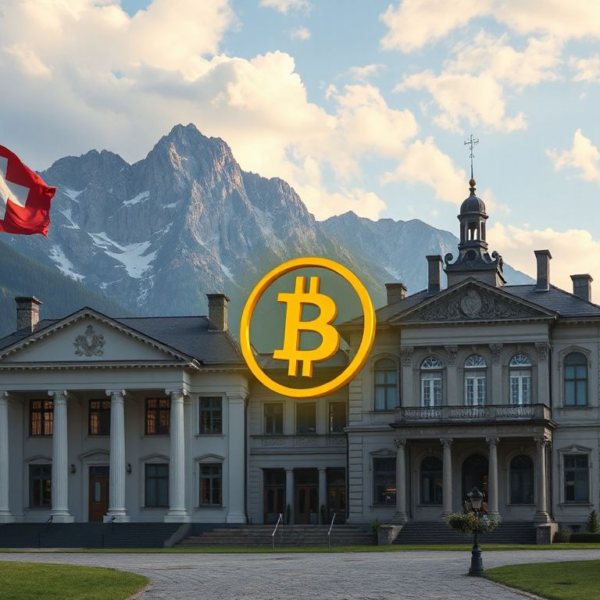 Swiss and Czech central bank buildings with their national flags and a glowing Bitcoin symbol between them, illustrating contrasting reserve approaches in 2026