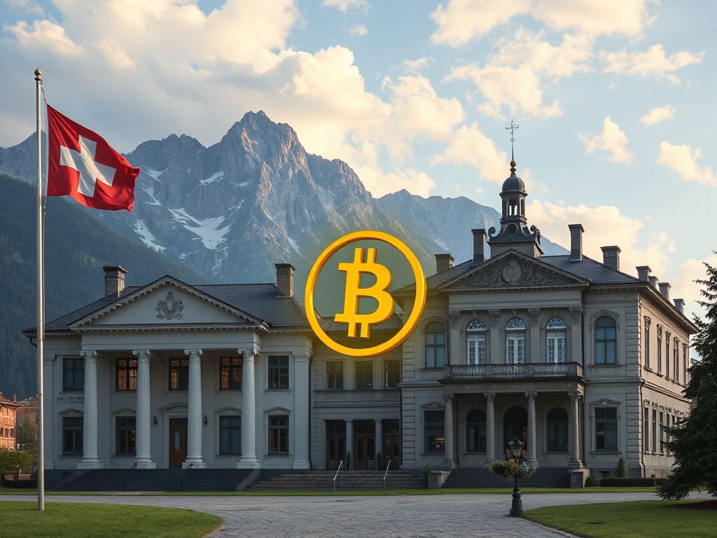 Swiss and Czech central bank buildings with their national flags and a glowing Bitcoin symbol between them, illustrating contrasting reserve approaches in 2026