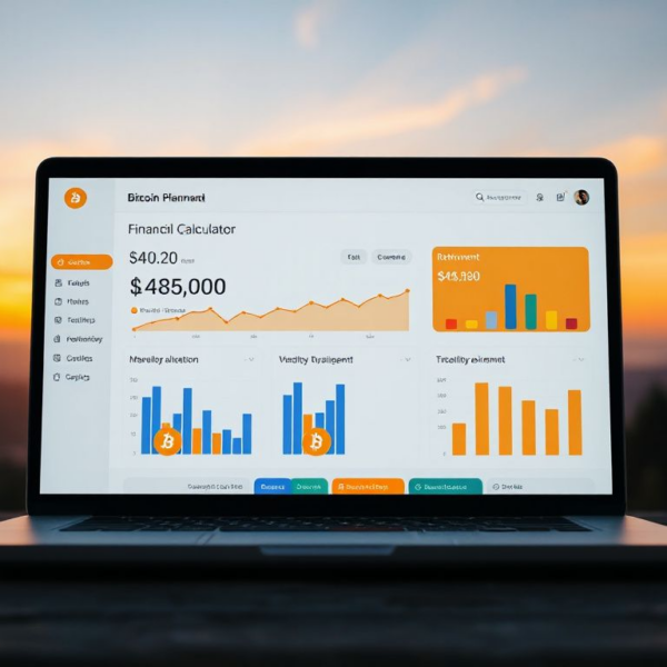 Laptop screen displaying a Bitcoin retirement calculator with charts and Bitcoin icons