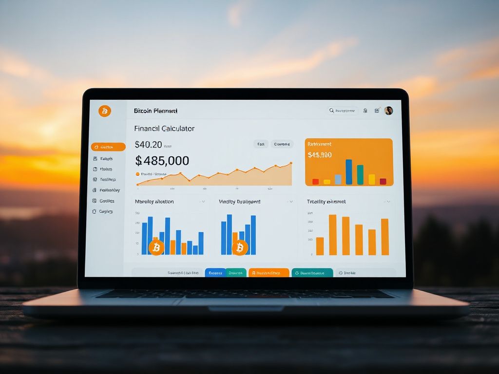Laptop screen displaying a Bitcoin retirement calculator with charts and Bitcoin icons